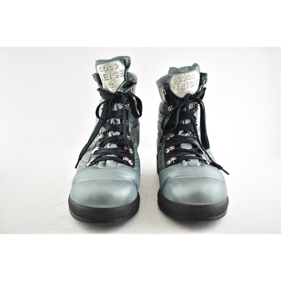 Chanel 18B Green Black Nylon CC Logo Coco Neige Snow Winter Lace Up Tie Boots 42 - Picture 3 of 10